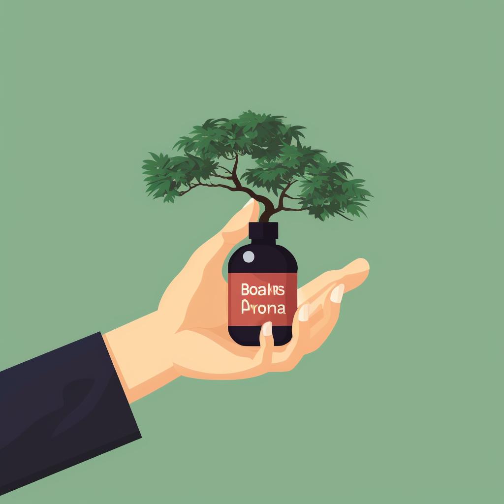 A hand holding a bottle of bonsai pesticide