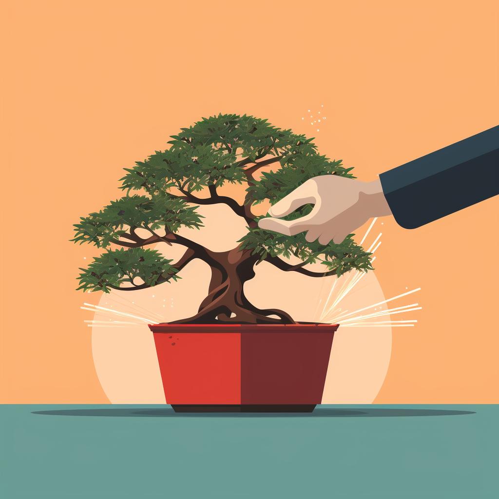 Hands using a pair of scissors to prune the roots of a bonsai tree