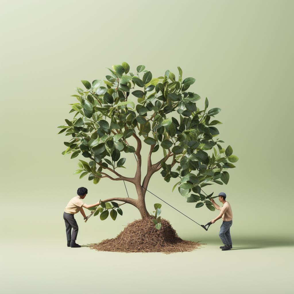 A pair of scissors trimming off infested leaves from a bonsai tree