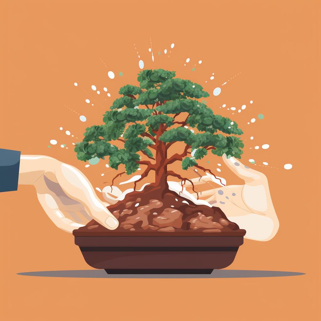 Hands sprinkling organic fertilizer on bonsai tree soil.