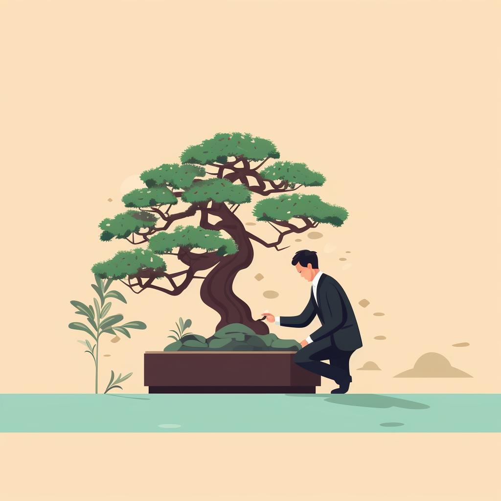 A person closely inspecting a bonsai tree